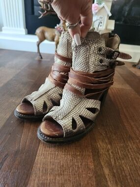Freebird LeatherTaupe Snake-Print Open-Toe Heeled Booties with Brown Wrap Straps
